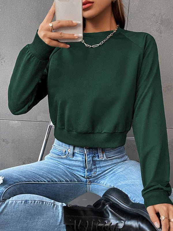 New women's long - sleeved round neck solid color sweater - Outerwear